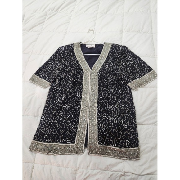 Laurence Kazar Jackets & Blazers - Laurence Kazar Beaded Pearls Evening Top 100% Silk Black White Size XL Tunic Vtg